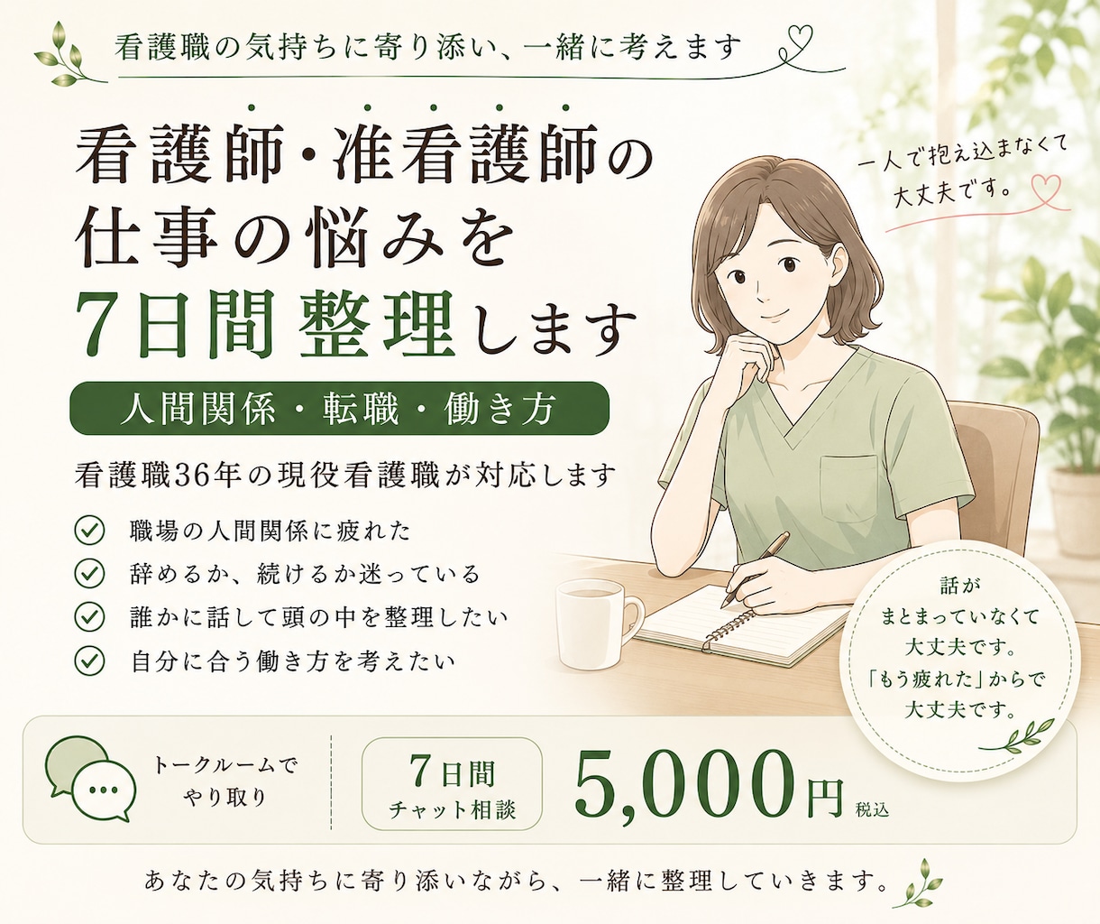 看護師・准看護師の仕事の悩みを7日間整理します 人間関係・転職・働き方｜看護職36年の経験から一緒に考えます イメージ1