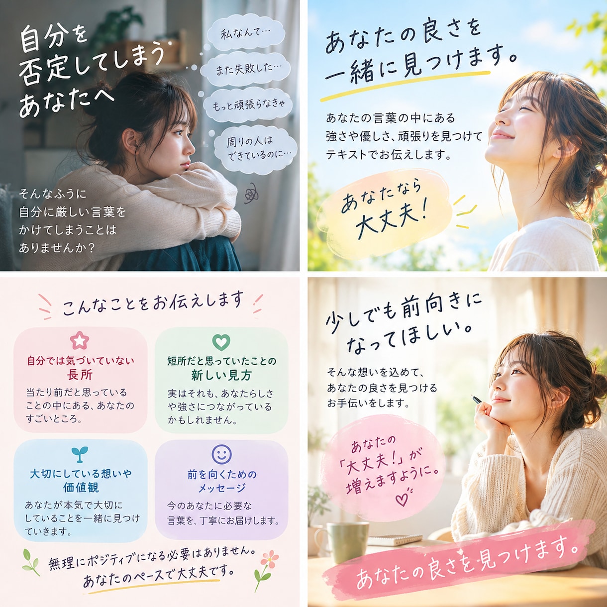 自己否定してしまう人を肯定します あなたなら大丈夫！と思えるように、あなたの良さを見つけます。 イメージ2
