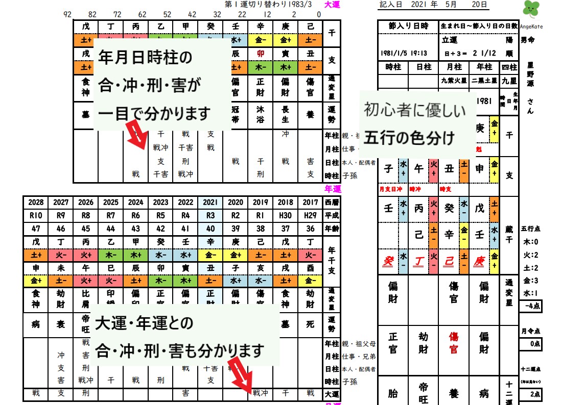 四柱推命勉強中の人。命式表作りを応援します Excelで命式表を簡単作成。五行色分けでイメージしやすい！ イメージ6