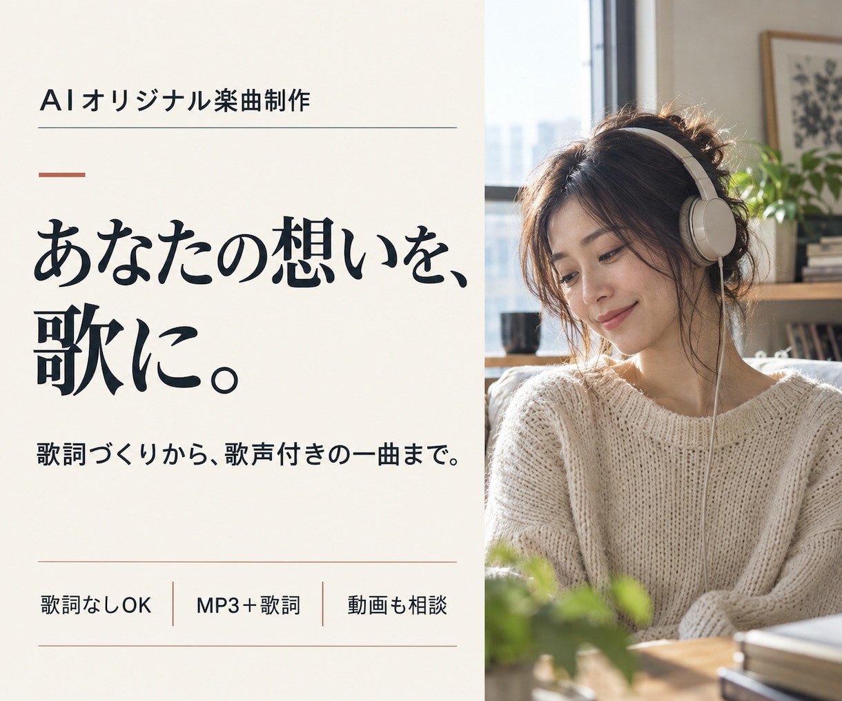 AI作曲であなたの想いを歌声付きの曲にします 歌詞づくりからお任せ。動画仕上げも相談できます イメージ1