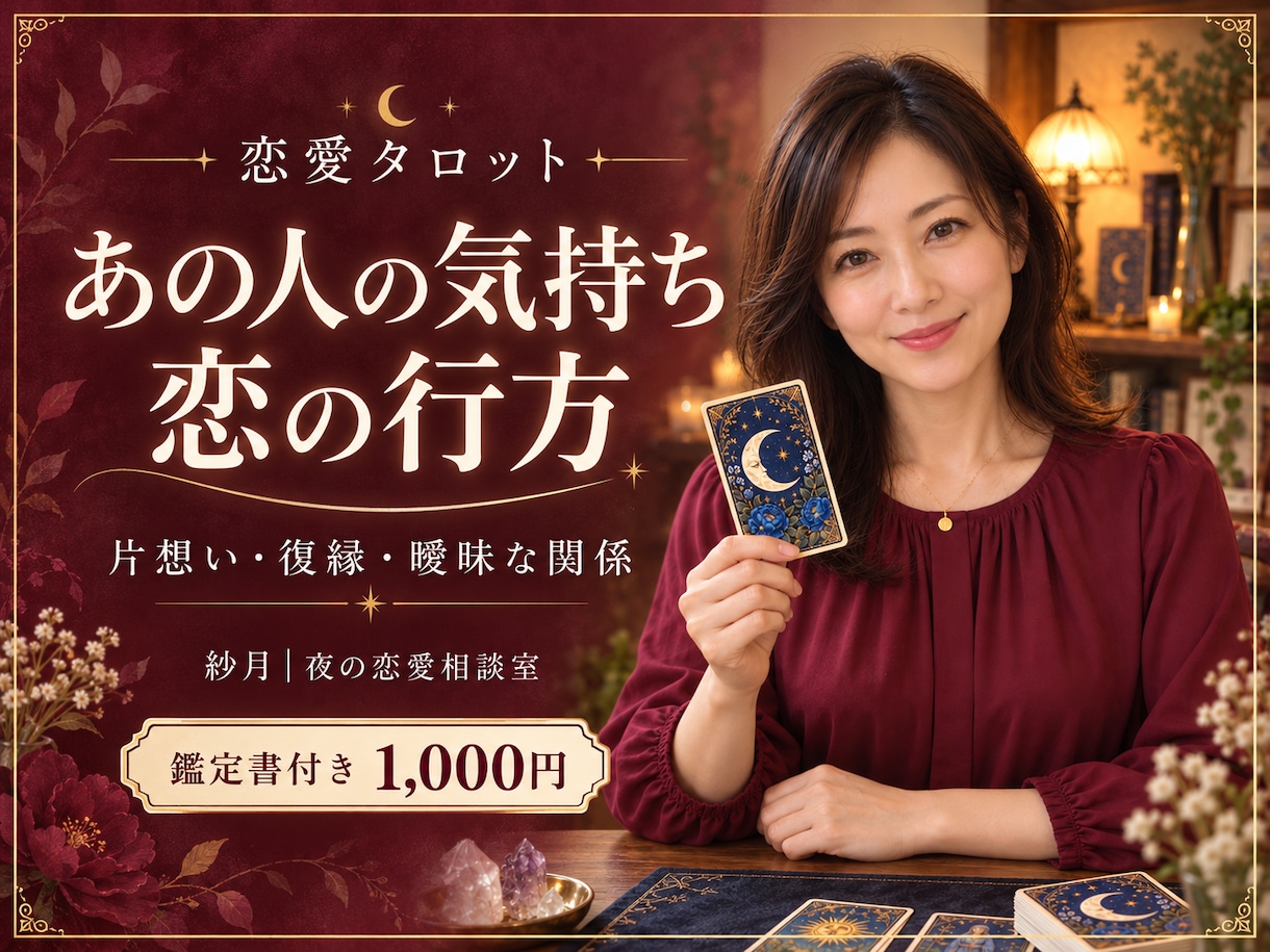 恋愛タロットであの人の気持ちと恋の行方を占います 片想い・復縁・曖昧な恋に。鑑定書と次の一歩をお届け イメージ1