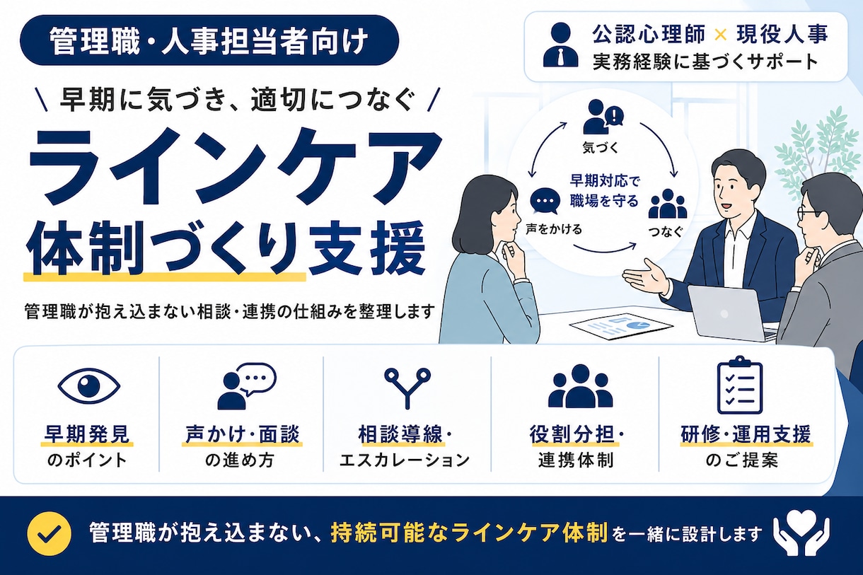 職場のラインケア体制づくりを支援します 抱え込まない相談・連携の仕組みを公認心理師×現役人事が支援 イメージ1