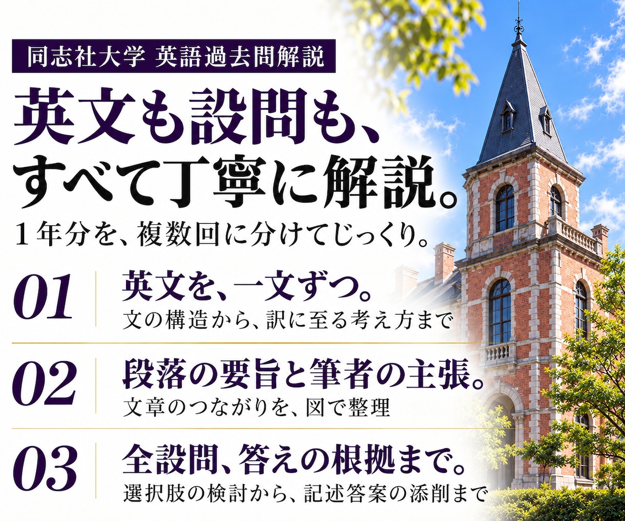 同志社大学の英語過去問を一対一で丁寧に解説します 絶対、同志社！一文の構造から、設問の根拠まで イメージ2