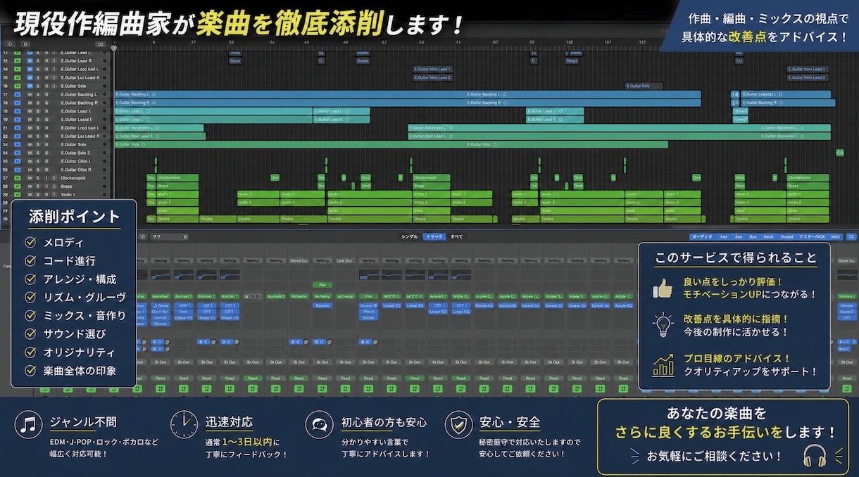 現役作編曲家が楽曲添削・アドバイスします 多数の楽曲提供経験や添削経験あり！安価で承ります！！ イメージ1