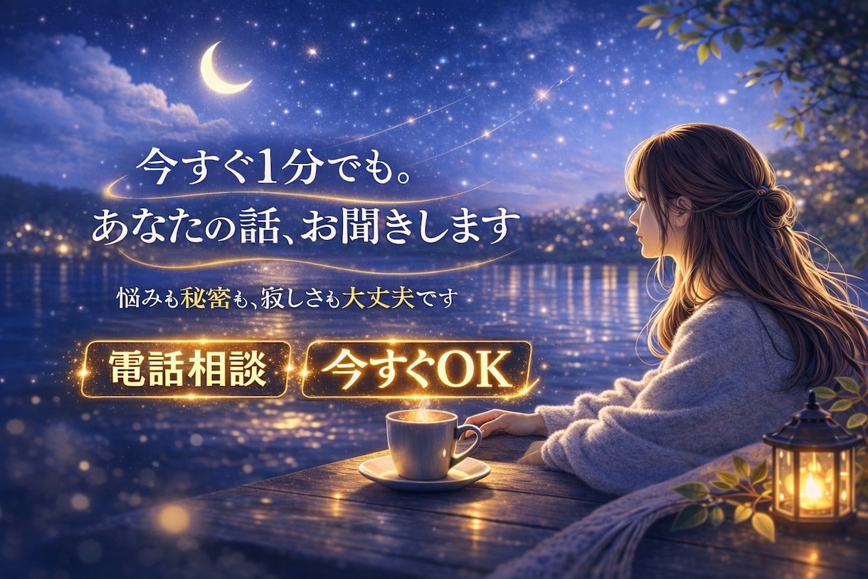 眠れない夜、ひとりじゃないです。今すぐお話できます 悩みでも、秘密でも、何でも大丈夫。 静かに寄り添います。 イメージ1
