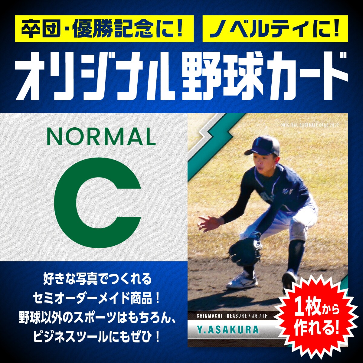 世界にひとつだけのオリジナル野球カードを作ります 卒団記念やプレゼントに。稲妻形フレームが特徴的なノーマルC イメージ1