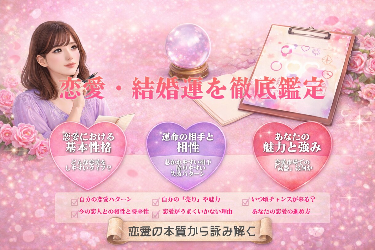 どんな人と合う？いつ結婚？を徹底鑑定します あなたの恋愛パターンと運命の出会いの時期、お伝えします イメージ1