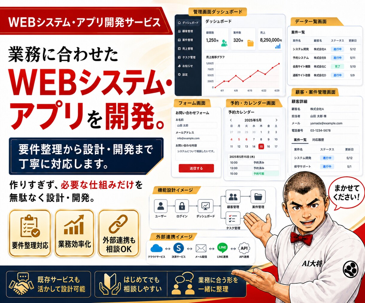業務に合わせたWEBシステム・アプリを開発します 既存ツールを活かし、必要な部分だけ作る現実的なシステム設計 イメージ1