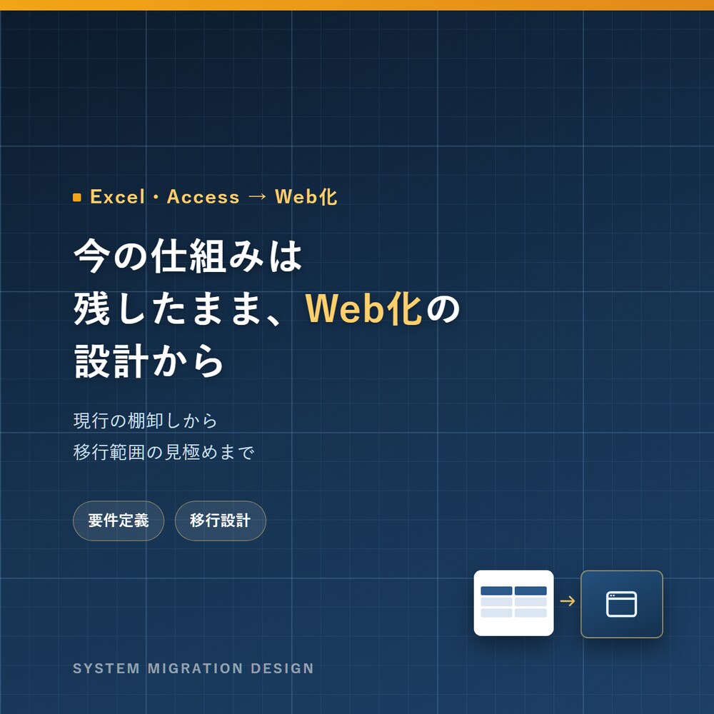Excel・Access業務のWeb化を設計します 今の仕組みを全部捨てない前提で、移行の範囲を決めます イメージ1