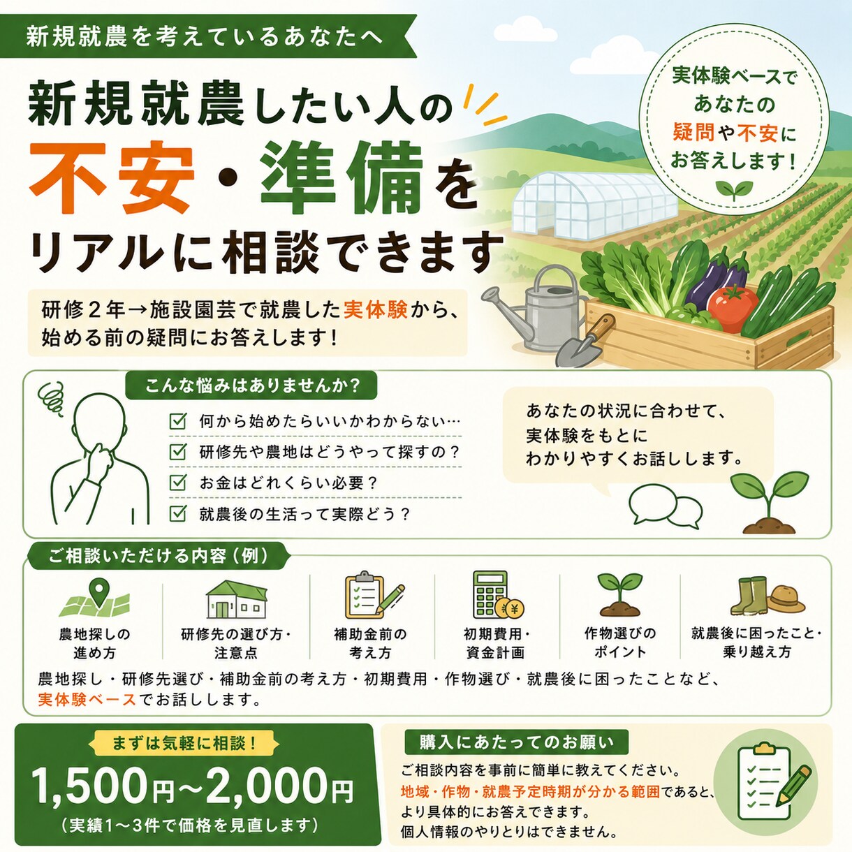 農家を始めたい人の相談に乗ります 経験したての新規就農での課題を基に相談に乗ります イメージ1