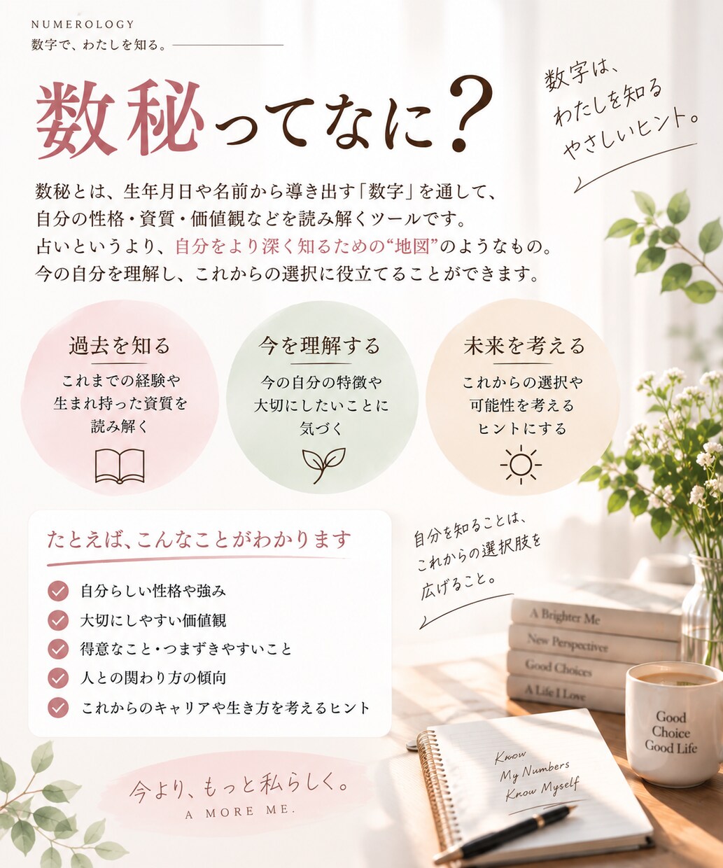 数秘を使って、あなたの本質・使命を紐解きます 強み・価値観・人生の流れを整理し、次の一歩を一緒に見つけます イメージ3
