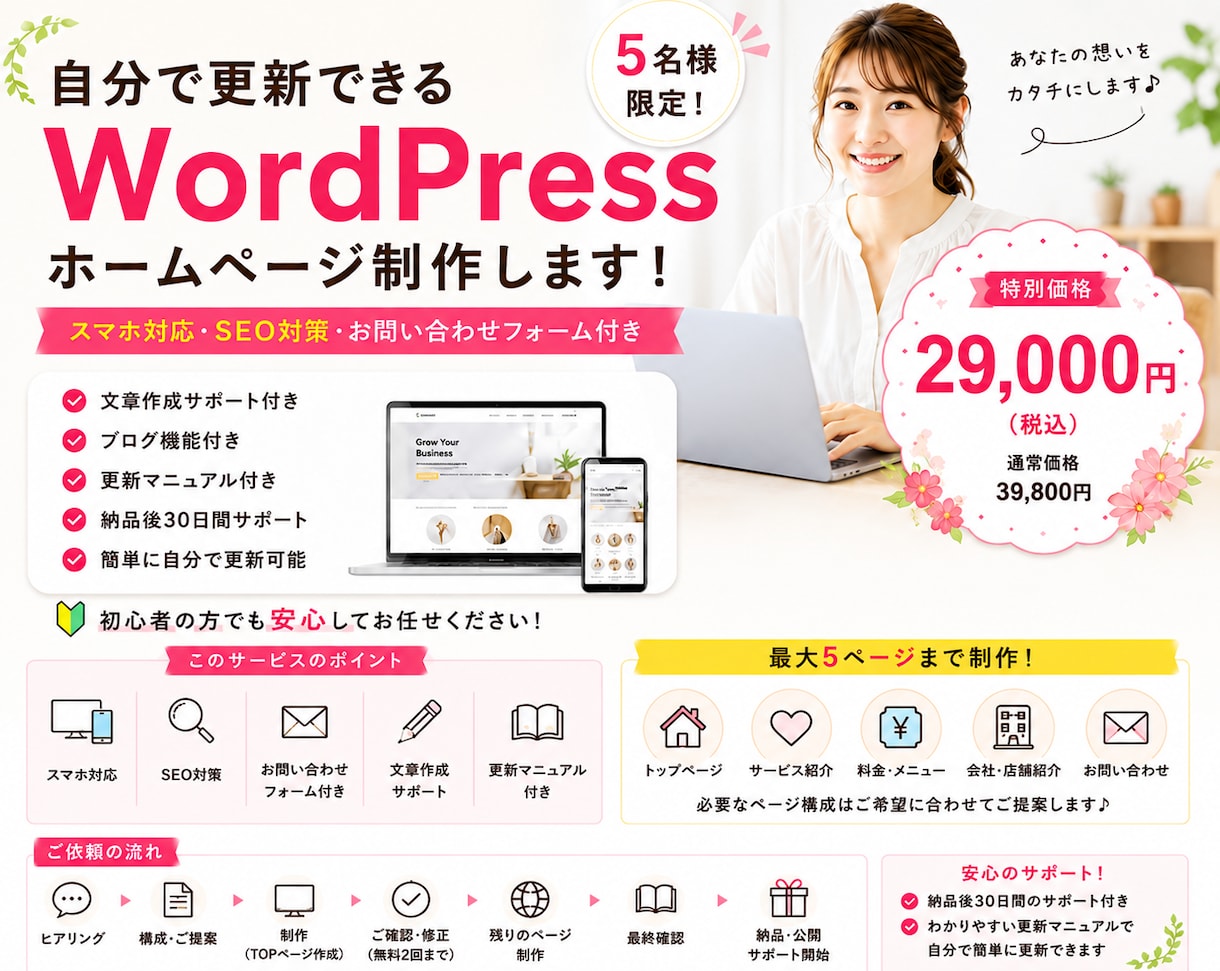 文章不要！自分で更新できるHPを制作します WordPressで初めてのホームページ制作をサポート イメージ1