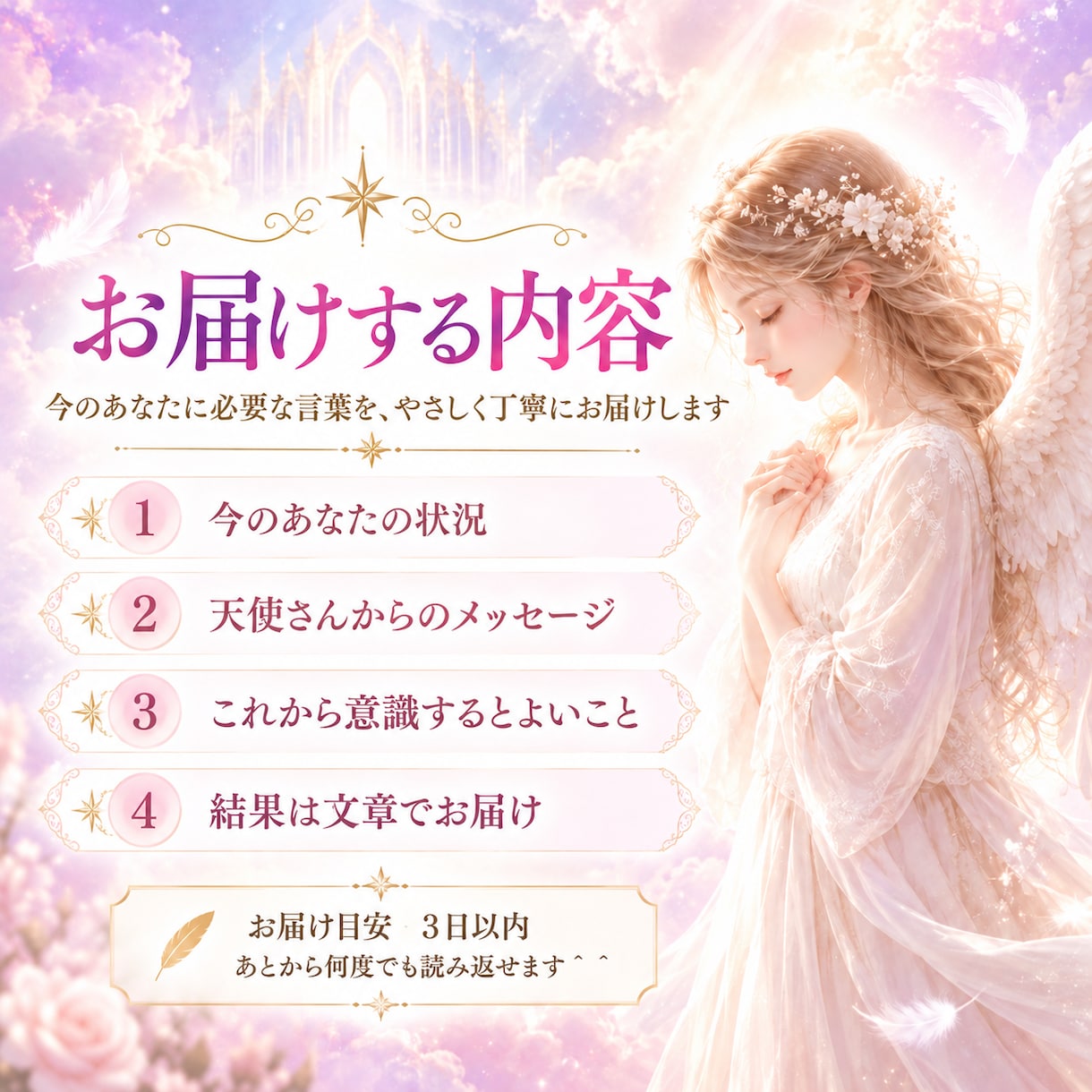 今のお悩みに 天使さんの言葉を届けます お悩みを1つ伺い、今必要な言葉をお届けします イメージ2