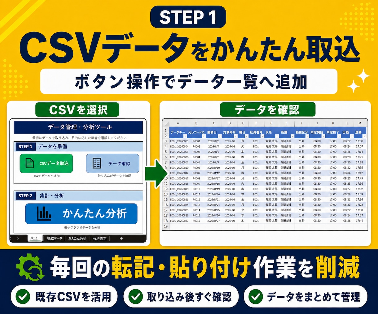 CSVを取り込みExcelで簡単に分析します 条件を選ぶだけで表とグラフを自動作成します イメージ2