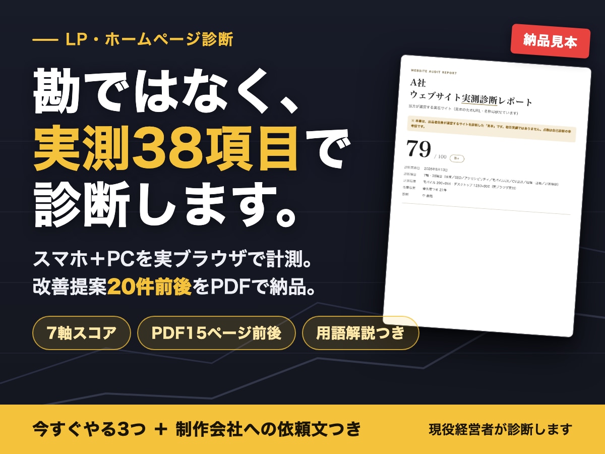 実測データでLP・HPを本気診断します 実測データで診断。7軸38項目と優先度つき改善案をPDFで イメージ1