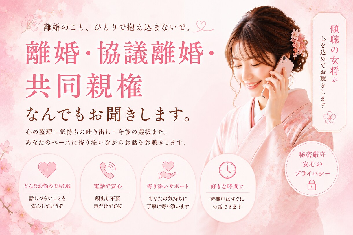 離婚、協議離婚、共同親権のお話お聞きします 離婚・共同親権経験者として傾聴 イメージ1