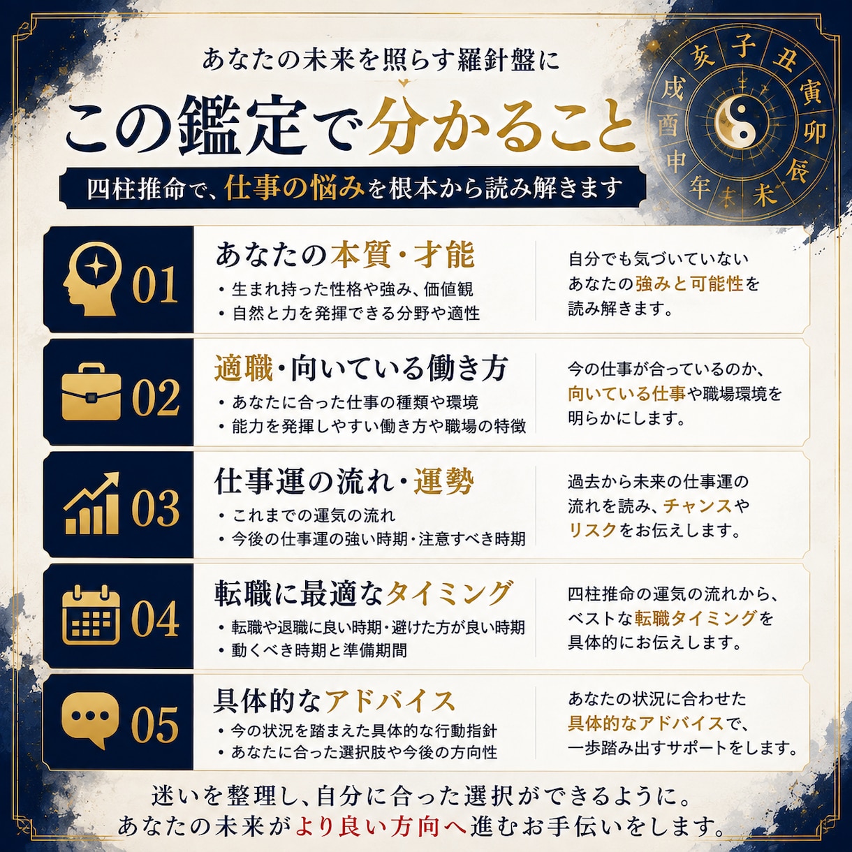転職すべきか四柱推命で仕事運と適職を鑑定します 辞める？残る？あなたに合う働き方と転職時期を読み解く イメージ2