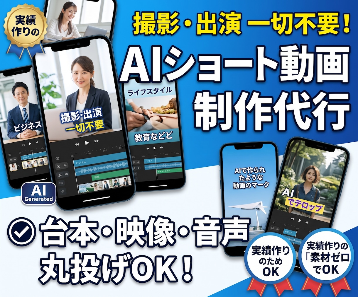 撮影・顔出し不要！AIでSNS動画を丸ごと制作ます 素材準備ゼロでOK！台本からAI映像・音声まで丸ごと代行 イメージ1