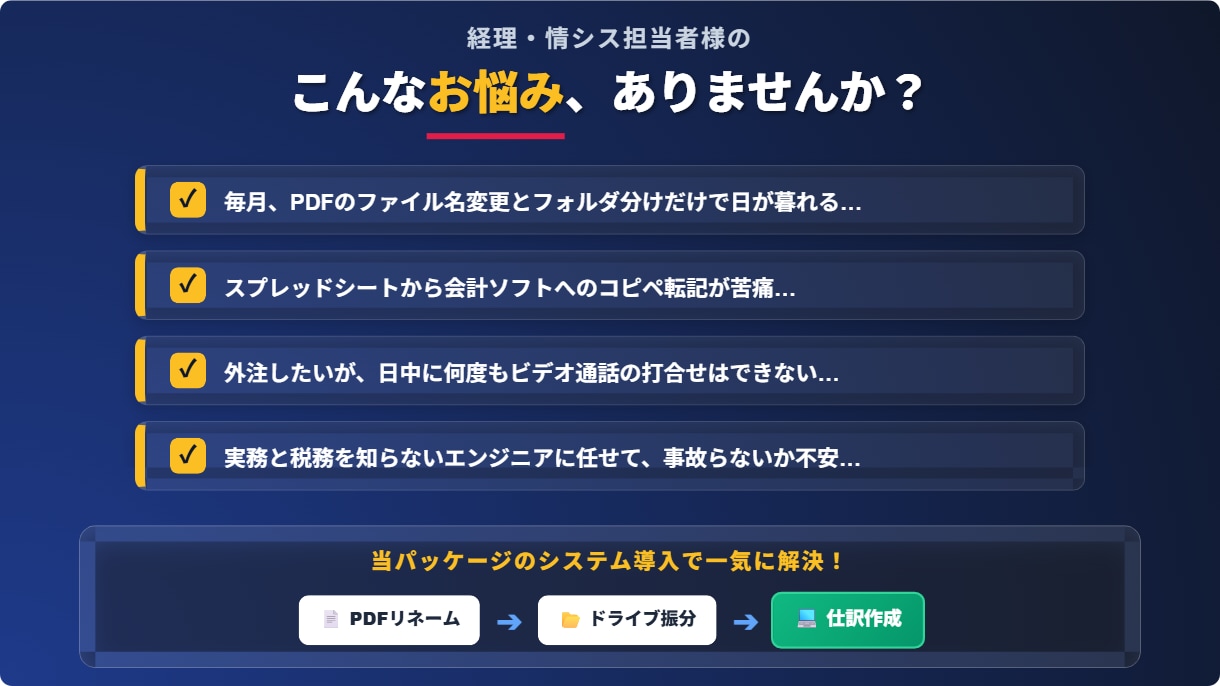 簿記2級の現役SEが請求書保存と仕訳を自動化します 領収書や請求書のリネーム・手入力に限界を感じる経理担当者へ。 イメージ2