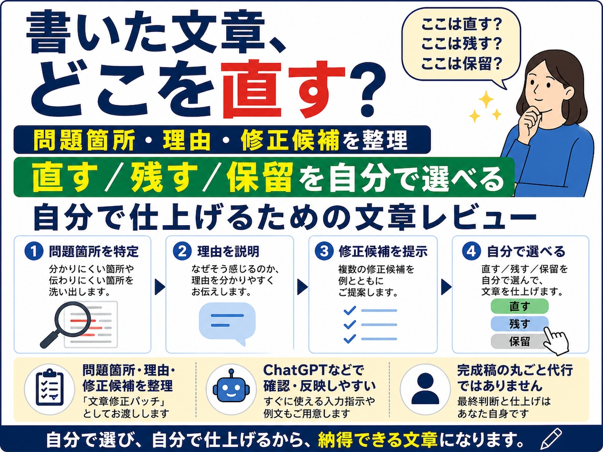 文章添削の修正案｜直す箇所を自分で選べます 書いた文章を見てほしい。でも、直す・残すは自分で決めたい方へ イメージ1