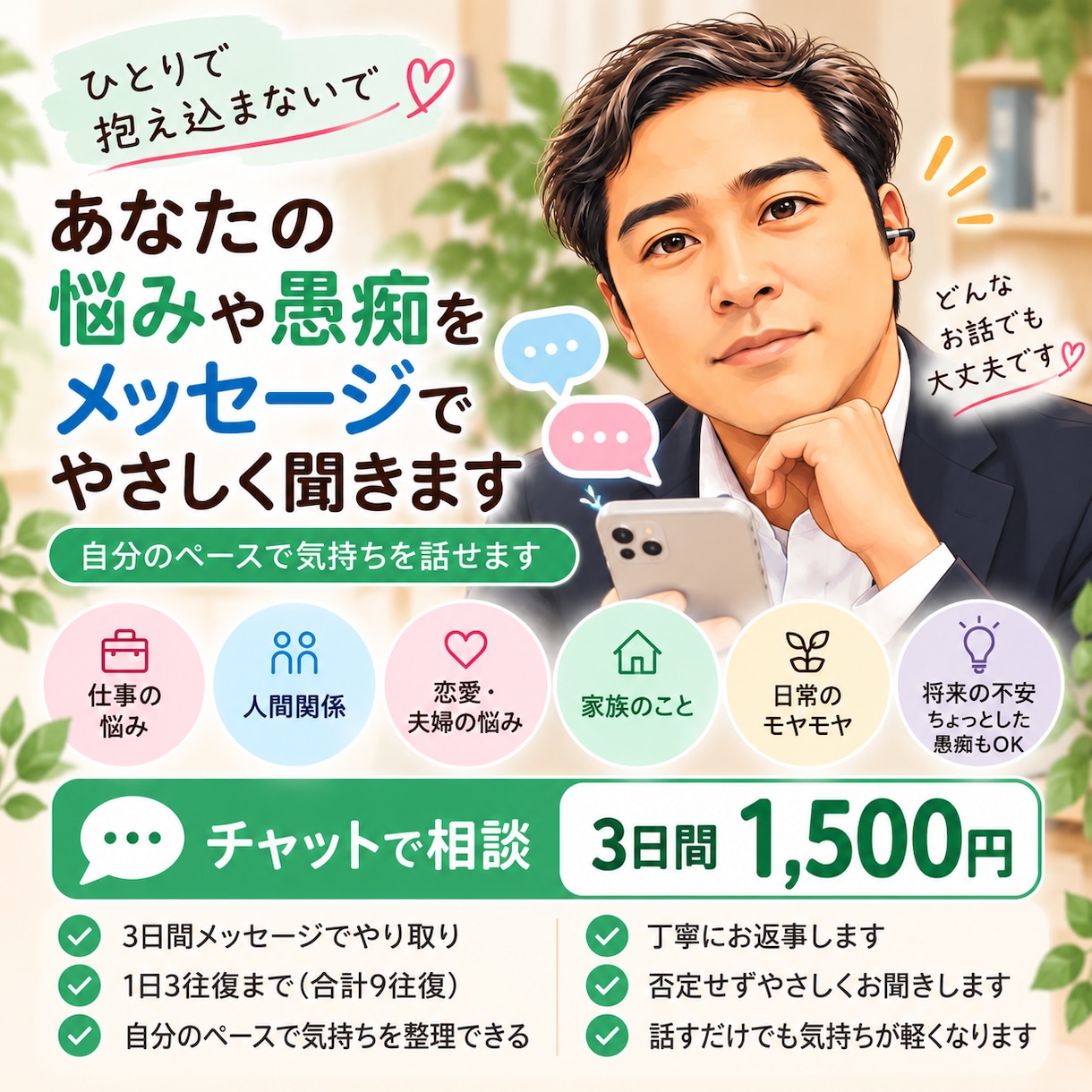あなたの悩みや愚痴を3日間優しくお聞きしますます 電話が苦手な方も安心。自分のペースで気持ちを話せます イメージ1