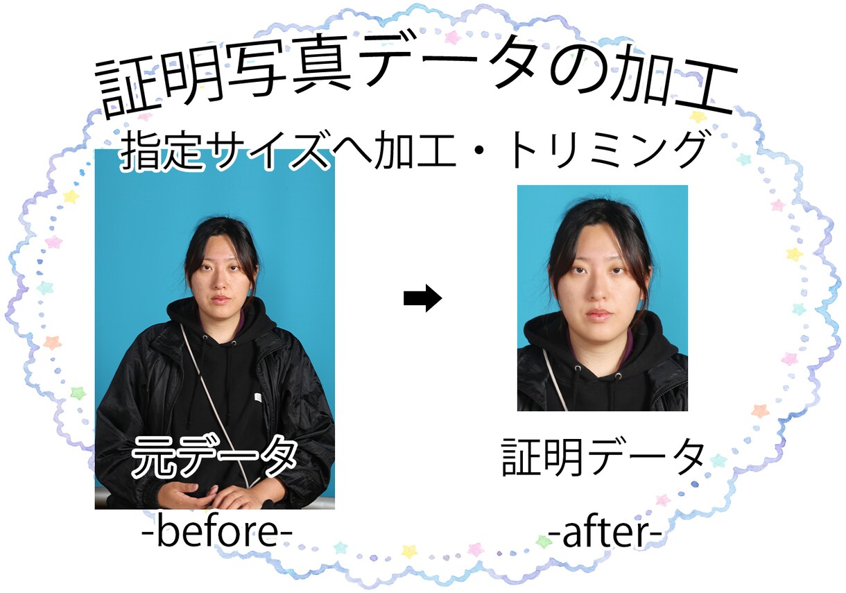 証明写真データを作成致します 提出先に合わせて加工トリミングいたします。 イメージ1