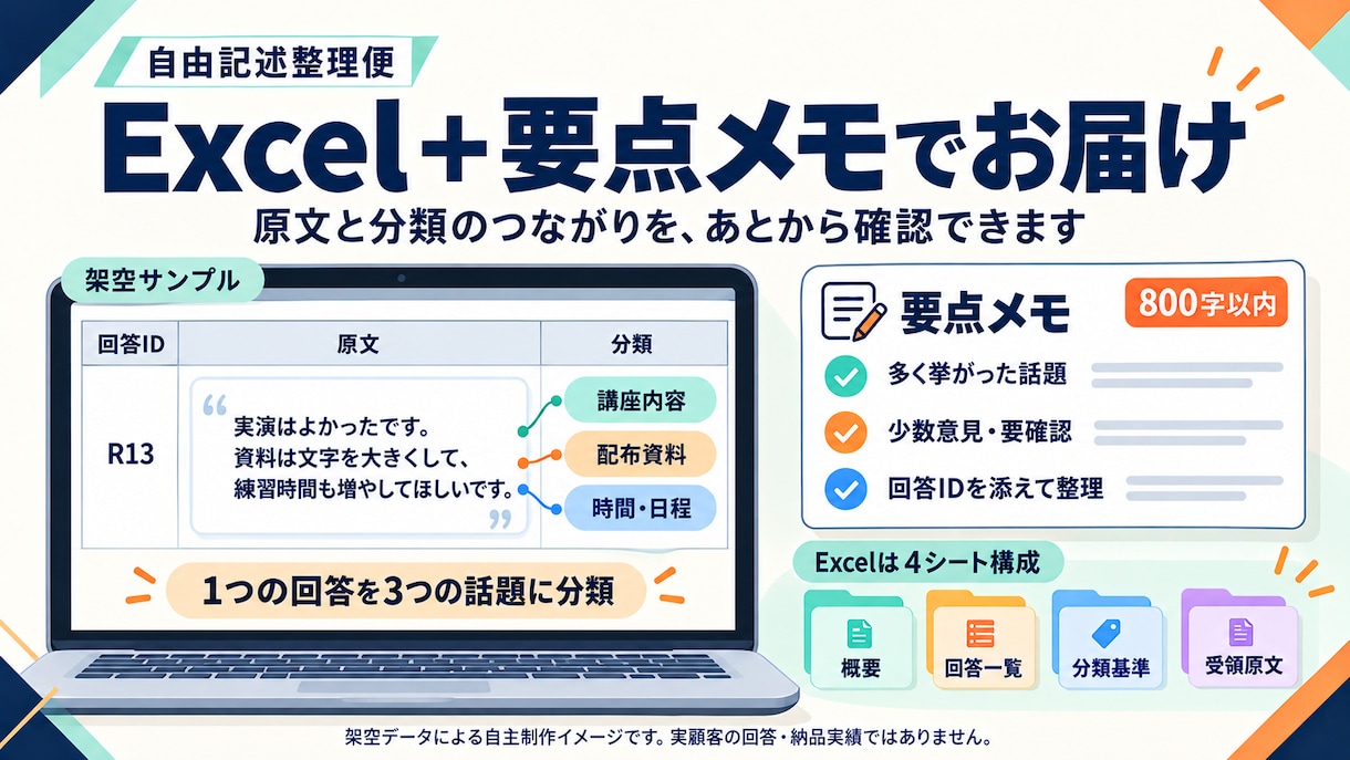 アンケートの自由記述を分類・集計します 原文と回答IDを残し、意見を見返せるExcelに イメージ5