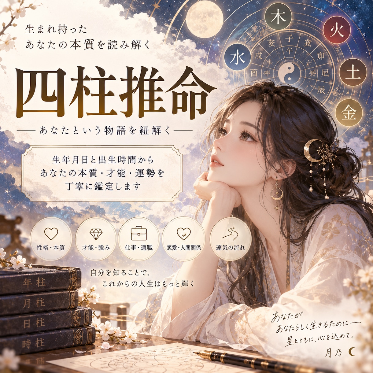 四柱推命であなたの本質・才能・運勢を鑑定します 生まれ持った性質・強み・人生の流れを丁寧に読み解きます イメージ1