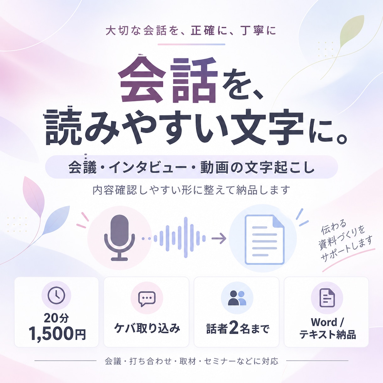 会議・インタビューの音声を丁寧に文字起こしします 20分1,500円｜ケバ取り込み｜読みやすい体裁で納品します イメージ1