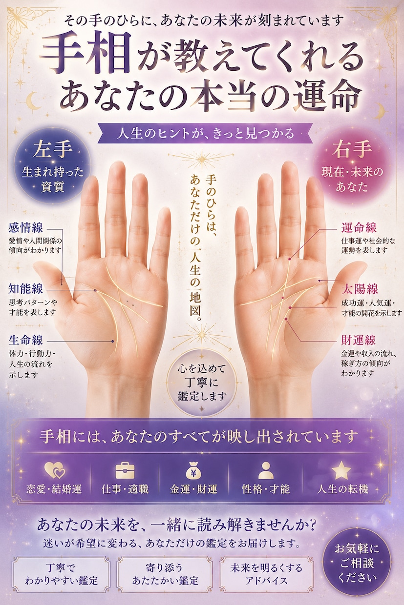 手相占い致します 左手 → 生まれ持った資質　右手 → 現在・未来 イメージ1