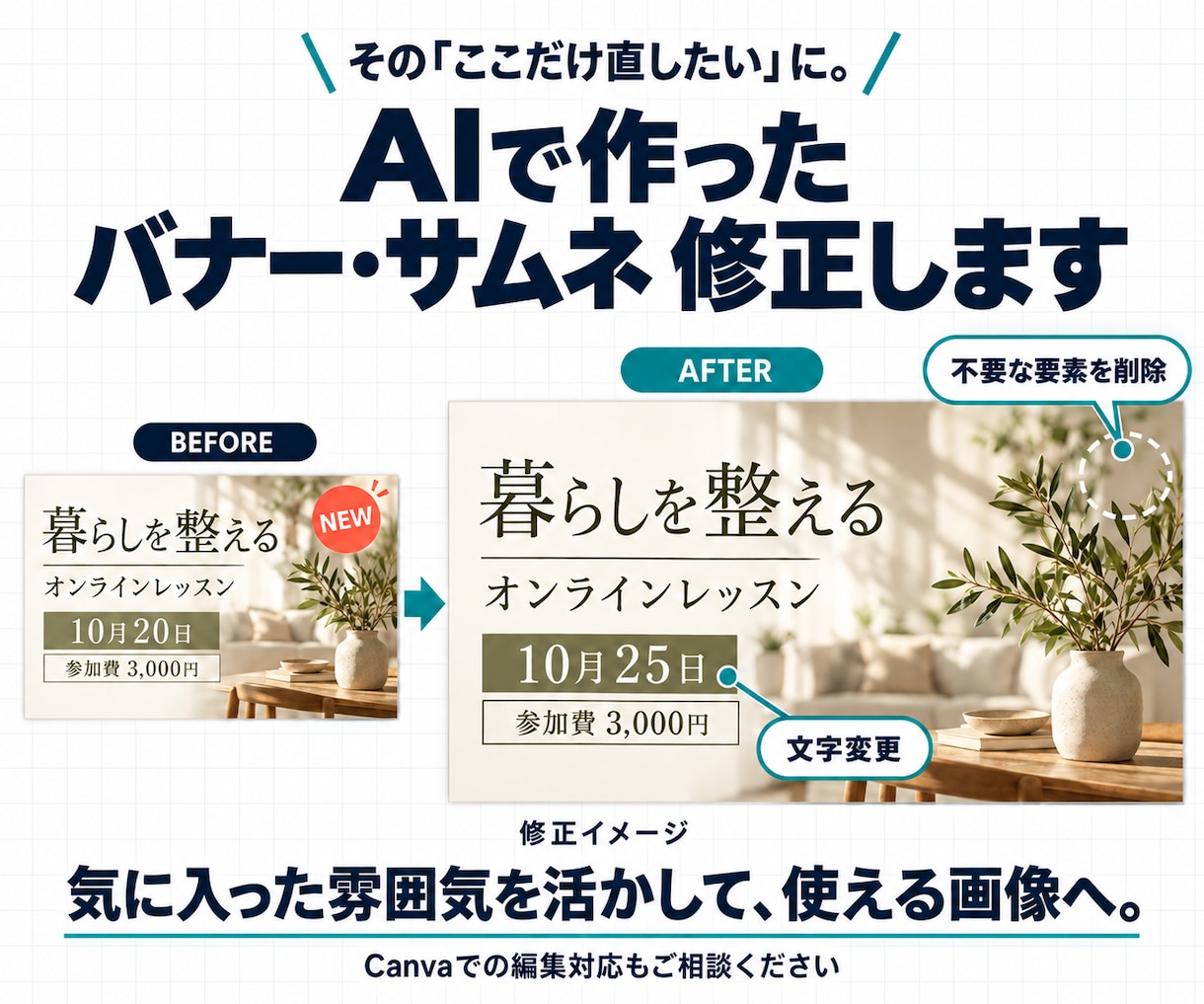 AIで作ったバナー・サムネイルを修正します 文字・色・不要な装飾など「ここだけ直したい」をお手伝い イメージ1