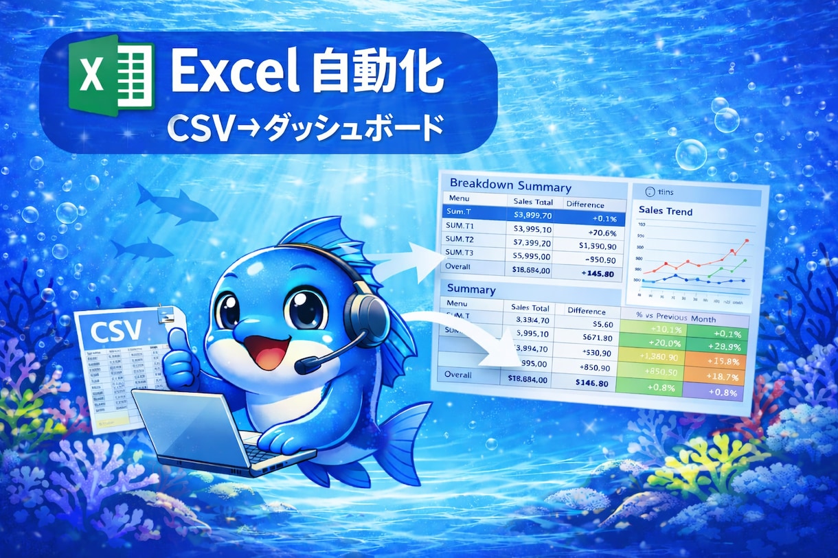 Excelで月次レポートを自動化します CSV取込 → マスタ結合 → ダッシュボード更新 イメージ1