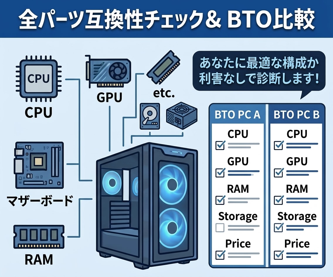 目的や予算に合う自作PC・既製品の提案をします PC初心者大歓迎！最適な自作構成や既製品を専門知識で選びます イメージ3