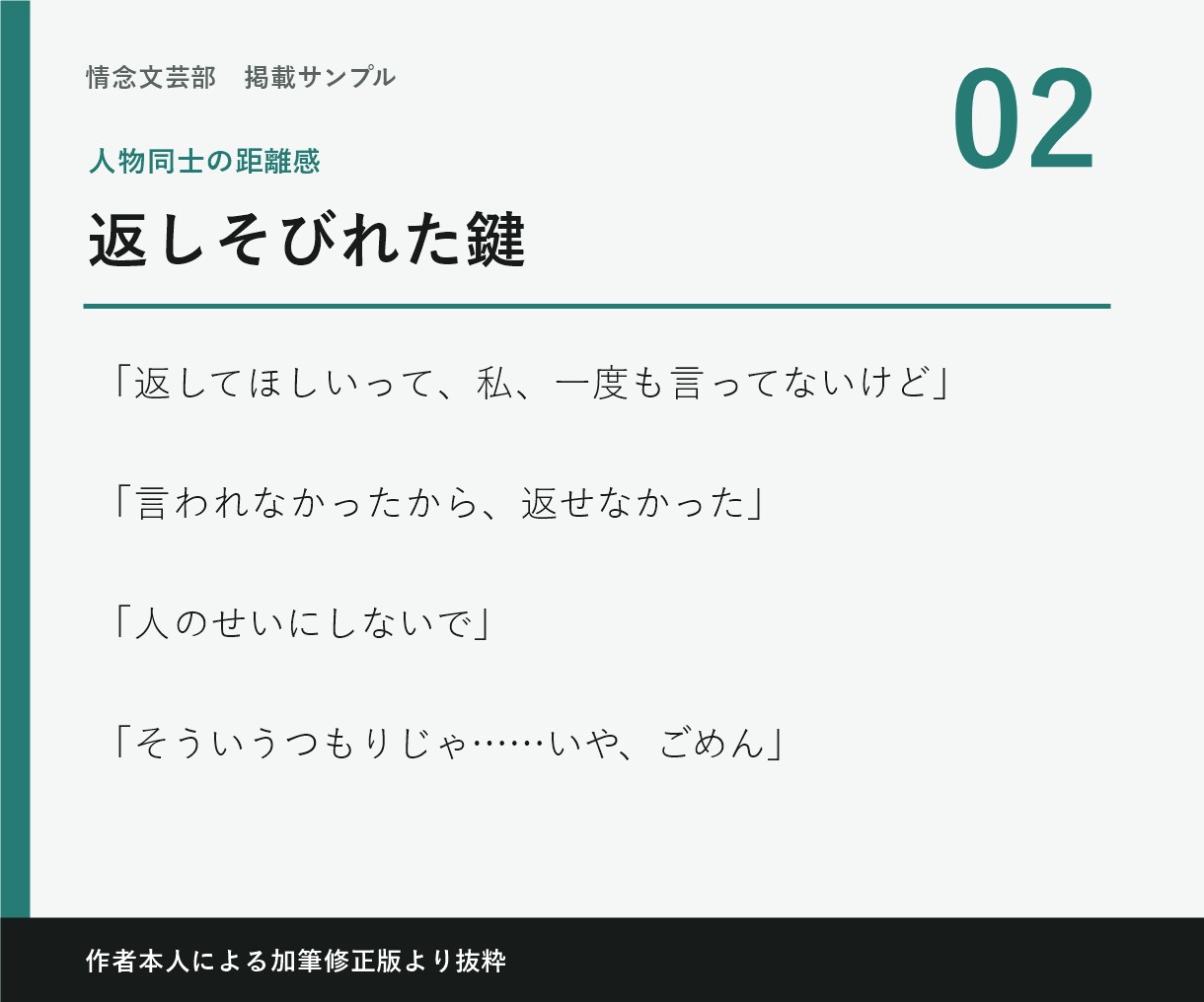 設定をもとに会話中心の短編小説を書きます 人物同士の掛け合いと距離感を、少し癖のある短編にします イメージ3