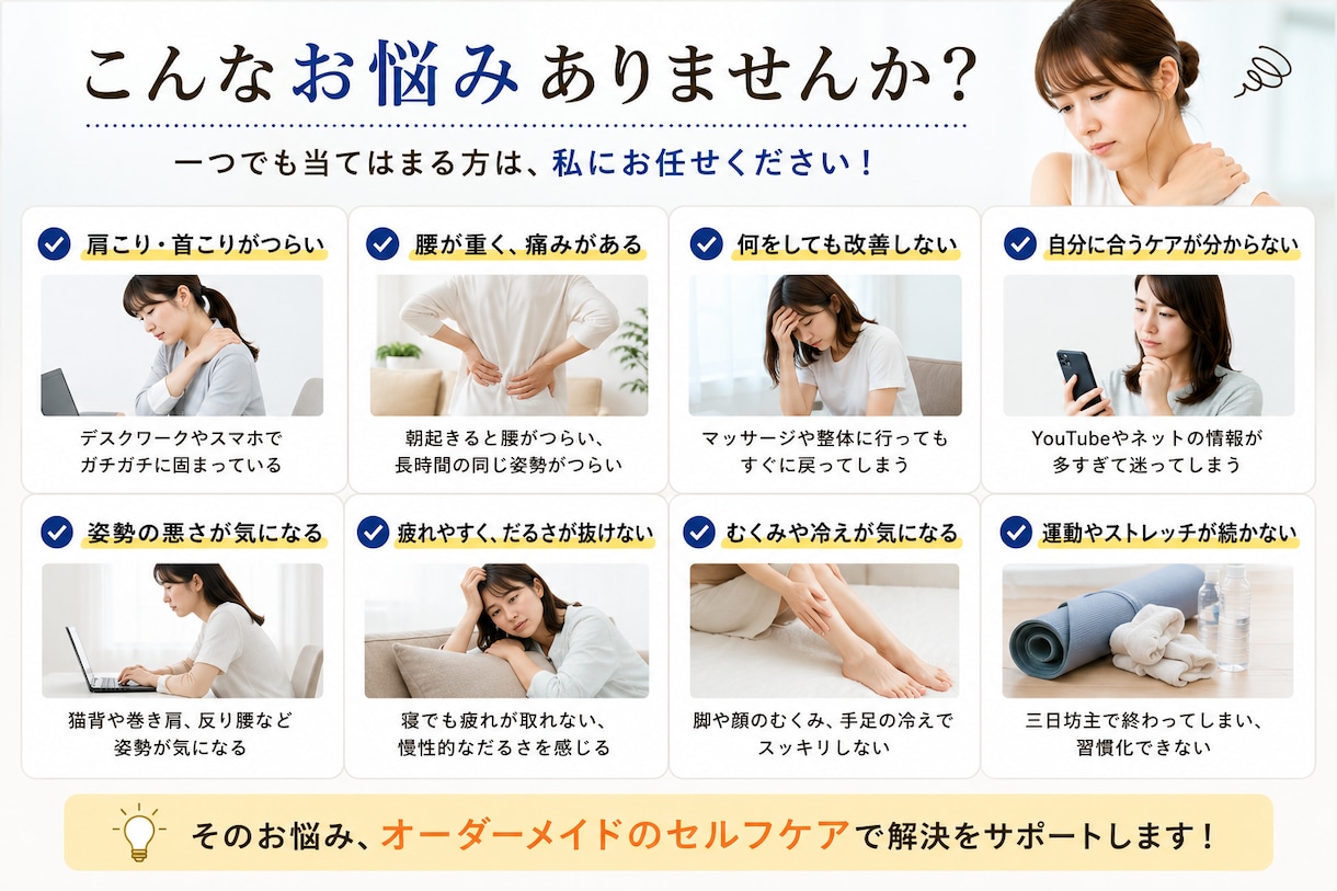 肩こり・腰痛のお悩みに！ケアプランを作成します 整体師があなた専用セルフケアプランを作成します イメージ2