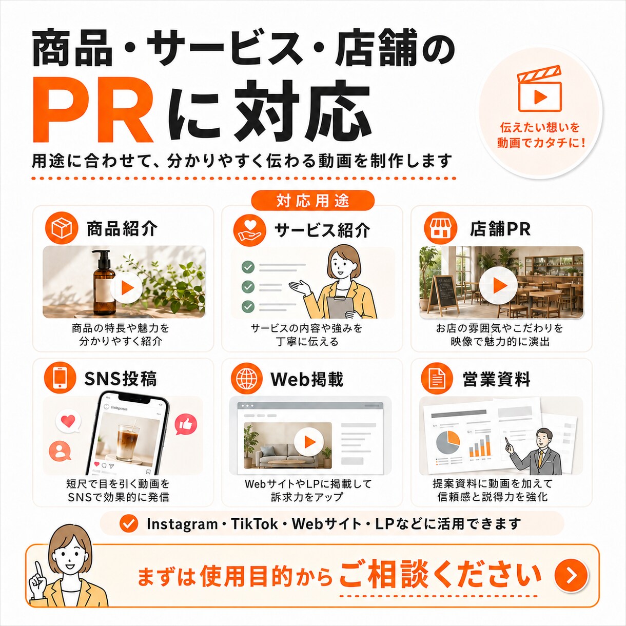 お持ちの素材から、伝わるPR動画を制作します 商品・サービスの魅力を短く分かりやすく動画化します イメージ2