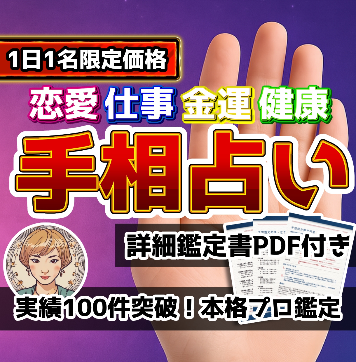 1日1名様限定！手相鑑定で未来のヒントを届けます ★恋愛・仕事・金運・健康まで詳細鑑定書PDF3枚付き★ イメージ1
