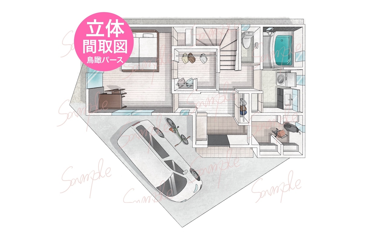 柔らかい手書き風3D間取り図(鳥瞰図)制作します ▼ 1〜2LDKまで／家具付き／Airbnb実績多数 イメージ1