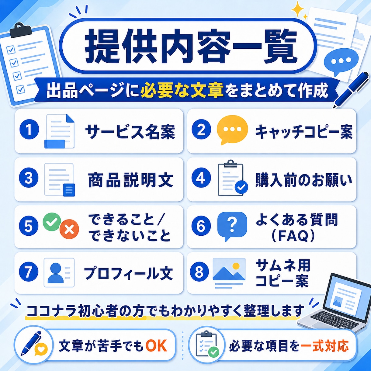 商品説明FAQプロフィールまで出品文を作成します 出品文章が苦手な方へ。商品説明・FAQ・プロフィール整えます イメージ2