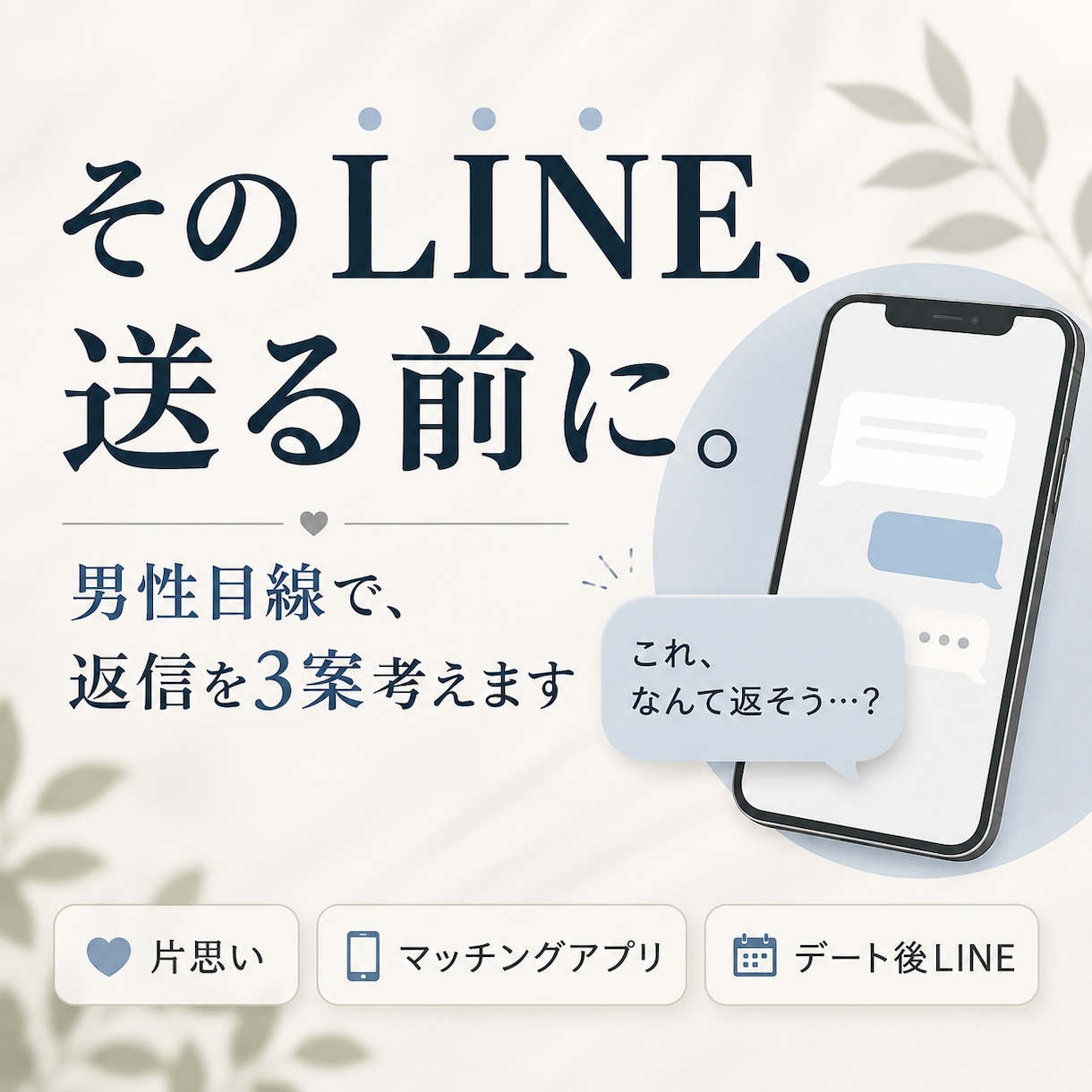 今送るLINE、男性目線で一緒に考えます 相手との距離感に合わせて自然な返信を3案考えます イメージ1