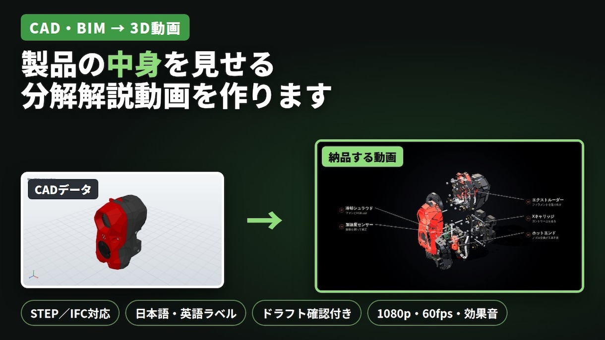 CADデータから製品の分解解説3D動画を作ります 展示会や商談に。製品の中身まで見せるワンテイク映像 イメージ1