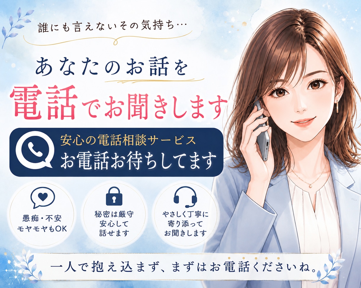 誰にも言えない悩みや愚痴お聞きします うまく話せなくても大丈夫。ゆっくりお話し聞かせてください。 イメージ1