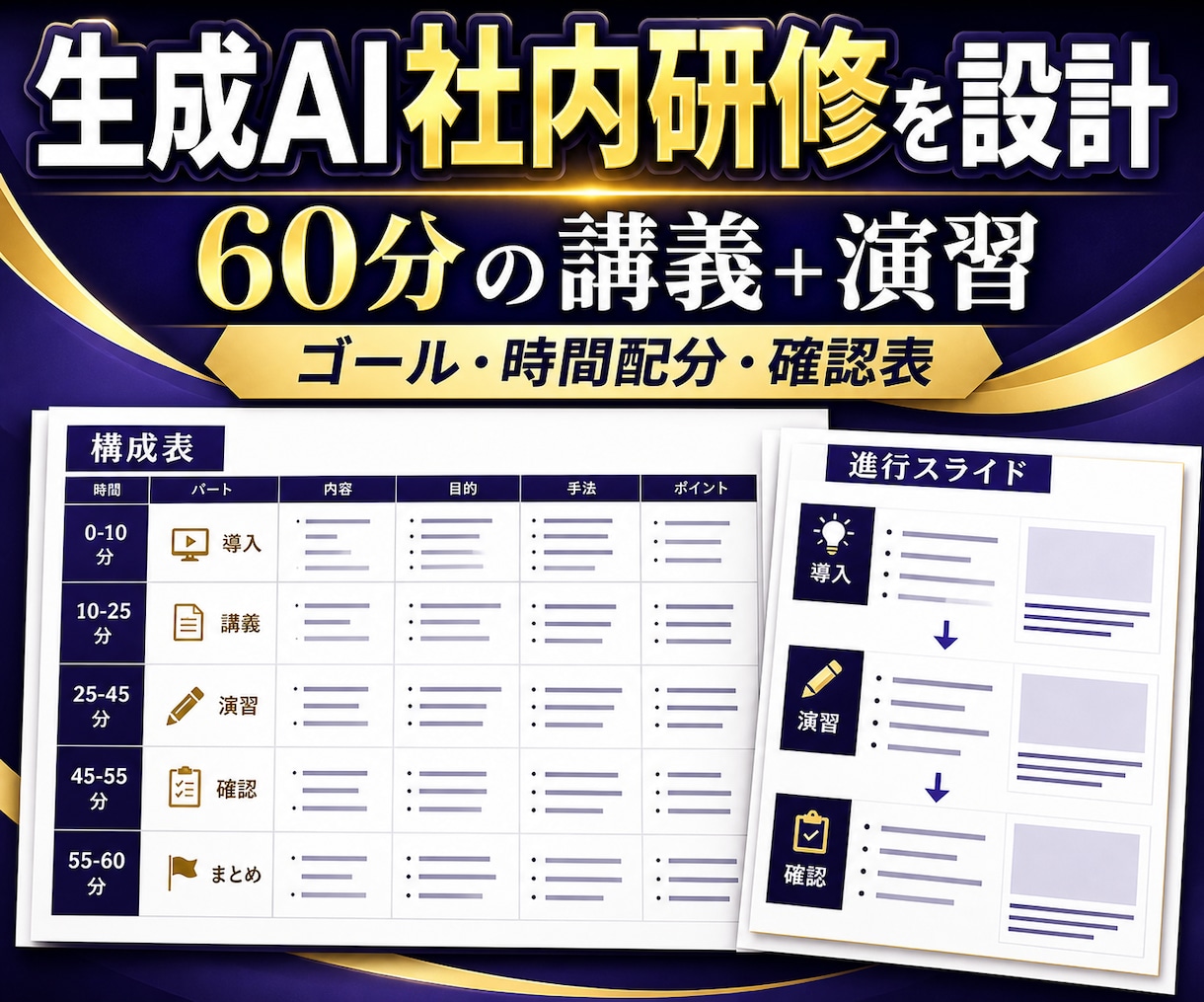 生成AI社内研修の60分構成案を作ります 対象者と業務に合わせ講義・演習・確認項目を一枚に整理 イメージ1
