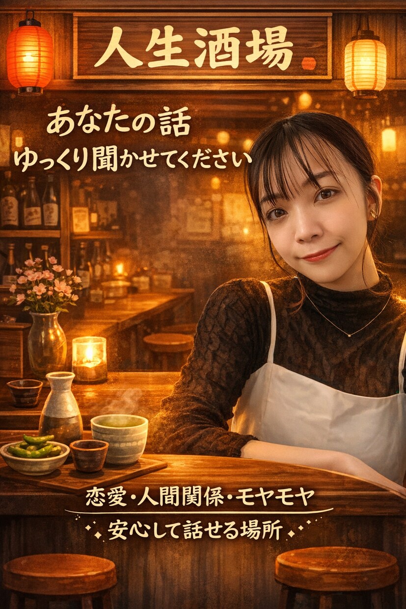 人生酒場｜あなたの話、ゆっくり聞きます 人間関係・恋愛・人生のモヤモヤを抱えた全年齢の方が対象。 イメージ1