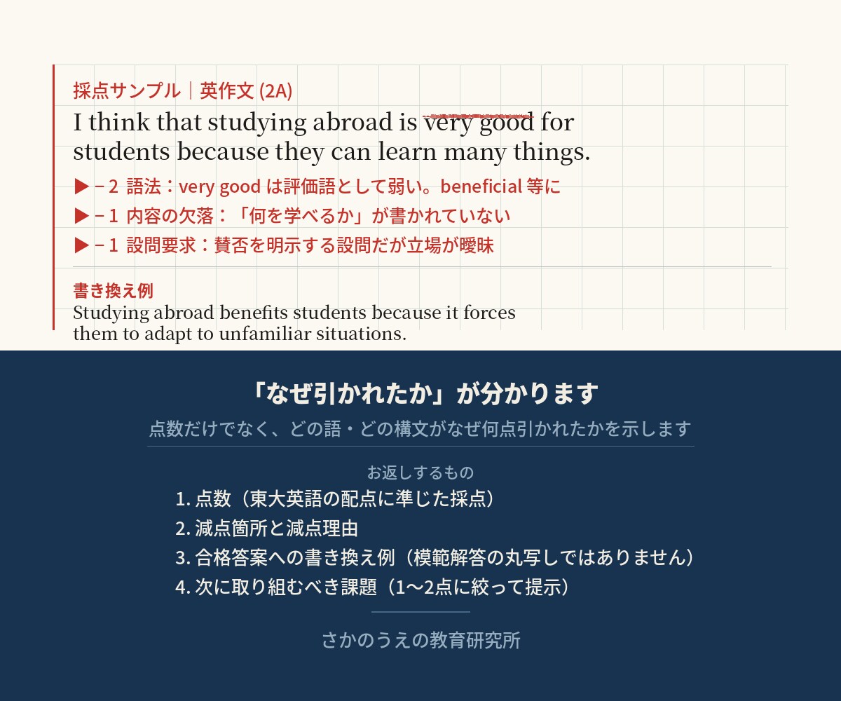 東大英語の要約・英作文を減点理由まで添削します 「なぜ減点されたか」が分かる採点表つきで返します イメージ2