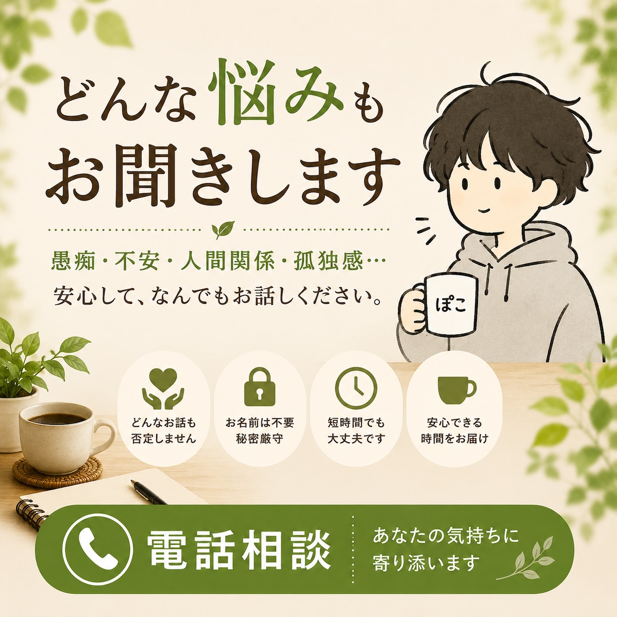 今すぐOK！本音で話せる電話相談します どんな悩みでも安心して話せます。秘密厳守で対応します イメージ1
