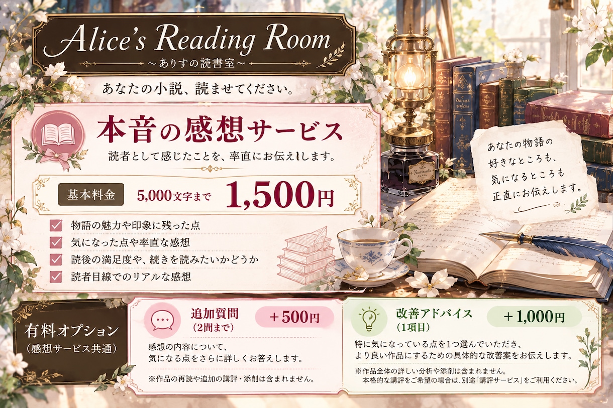 1000作以上を読んだ読書家が本音の感想を届けます お世辞なし！忖度なし！あなたの小説、読者にはどう映る？ イメージ1