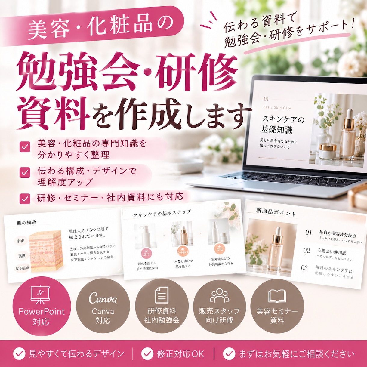 美容・化粧品の勉強会・研修資料を作成します 伝わりやすい・わかりやすい資料作成します！ イメージ1