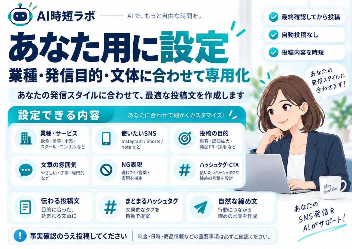 SNS投稿文AIをあなた用に設定しますます 投稿ネタから文章・ハッシュタグまでまとめて作れます イメージ3