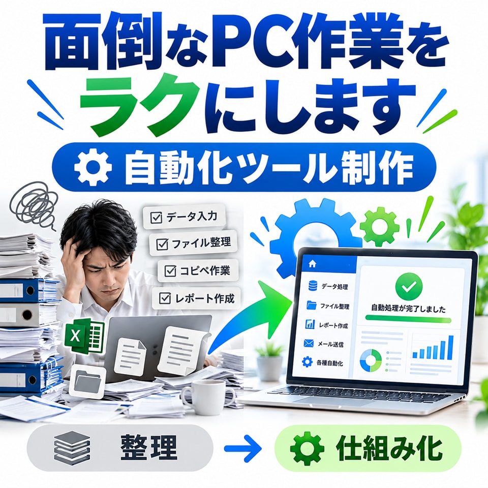 面倒なPC作業を小さな自動化ツールにします 繰り返す手作業を整理し、必要な部分だけ仕組み化します イメージ3